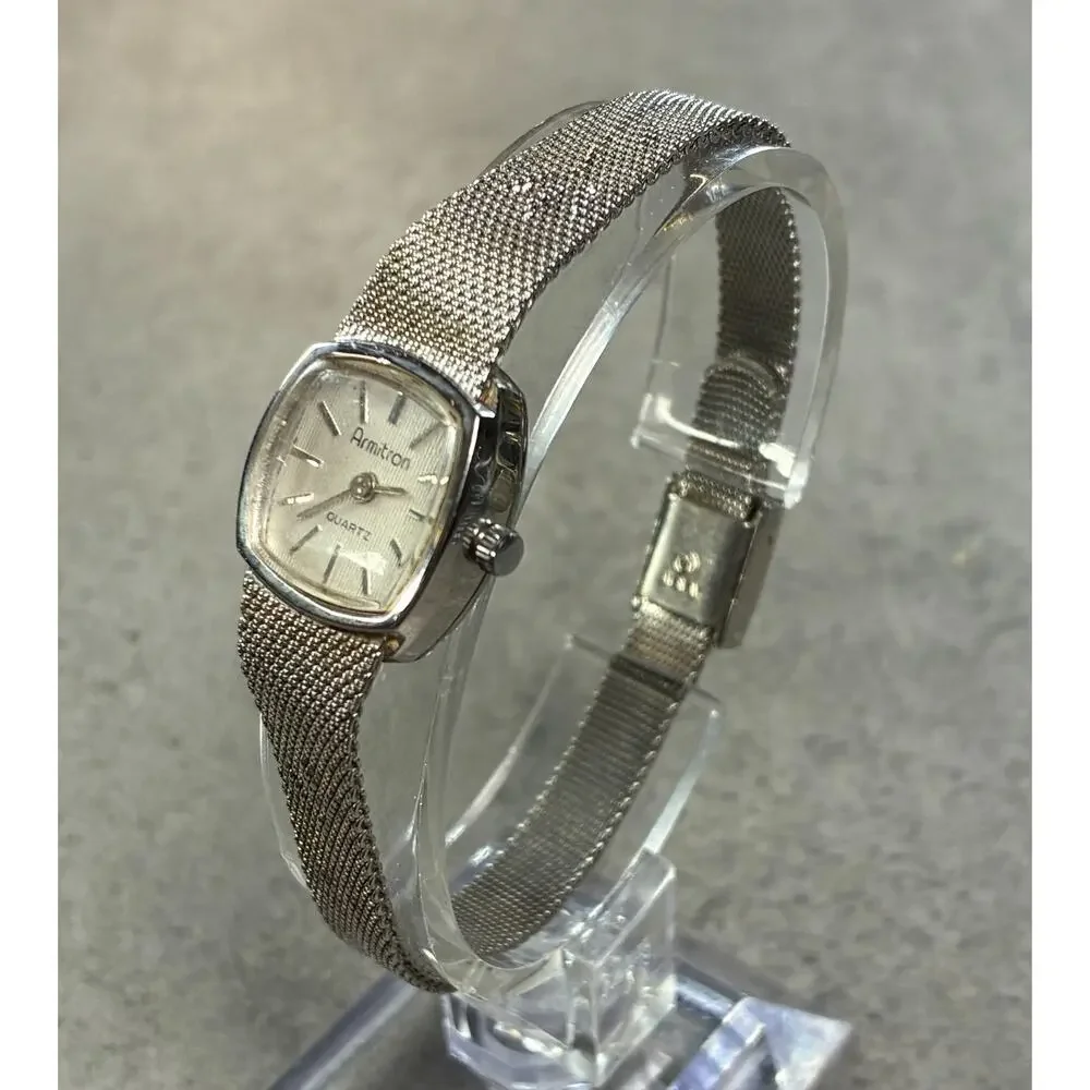 Vintage Armitron Women's Quartz Watch Silver Floral Mesh Band Tonneau Working